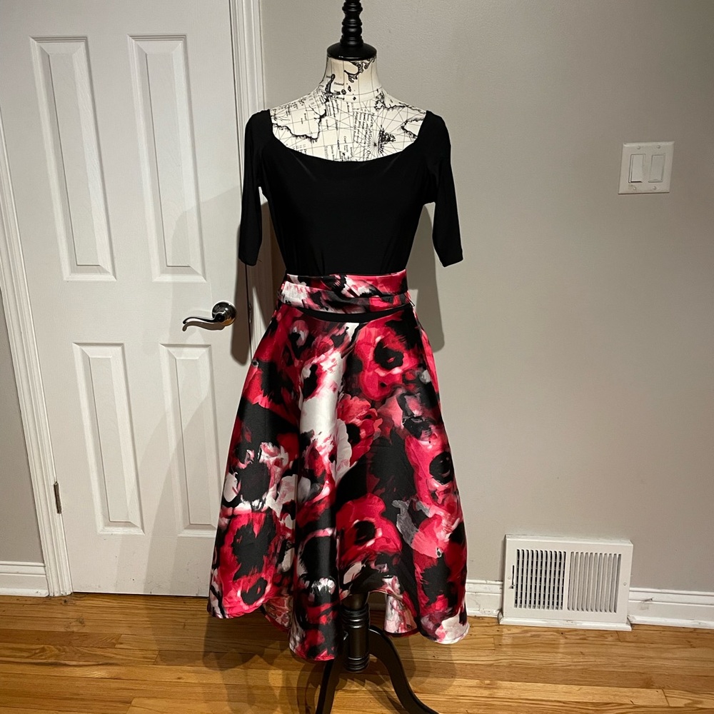 Olivia Matthews Off Shoulder Flare Marble Floral Asymmetric Belt Evening Formal